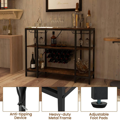 GiantexUK Wine Bar Cabinet, 3-Tier Liquor Bar Table with 15 Bottles Wine Rack, Glass Holder, Charging Station & Adjustable Foot Pads