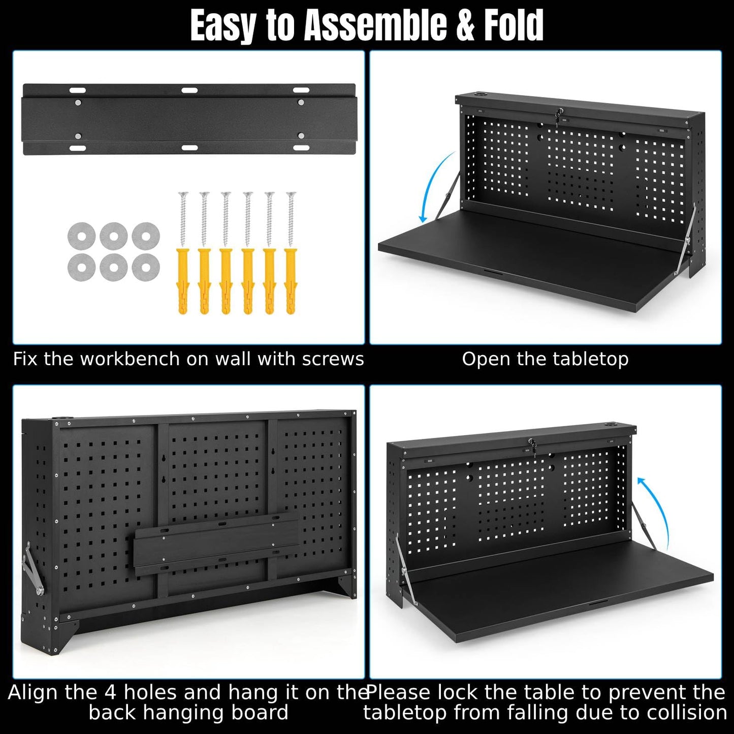 GiantexUK Wall-Mounted Workbench, Foldable Pegboard and Shelf Tool Rack Organiser Holder with Keys