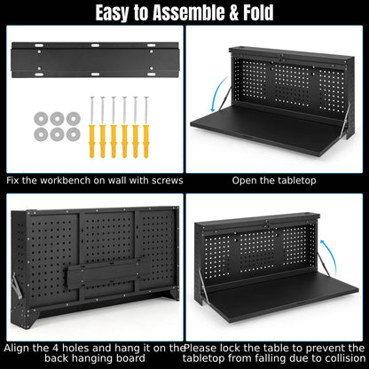 GiantexUK Wall-Mounted Workbench, Foldable Pegboard and Shelf Tool Rack Organiser Holder with Keys