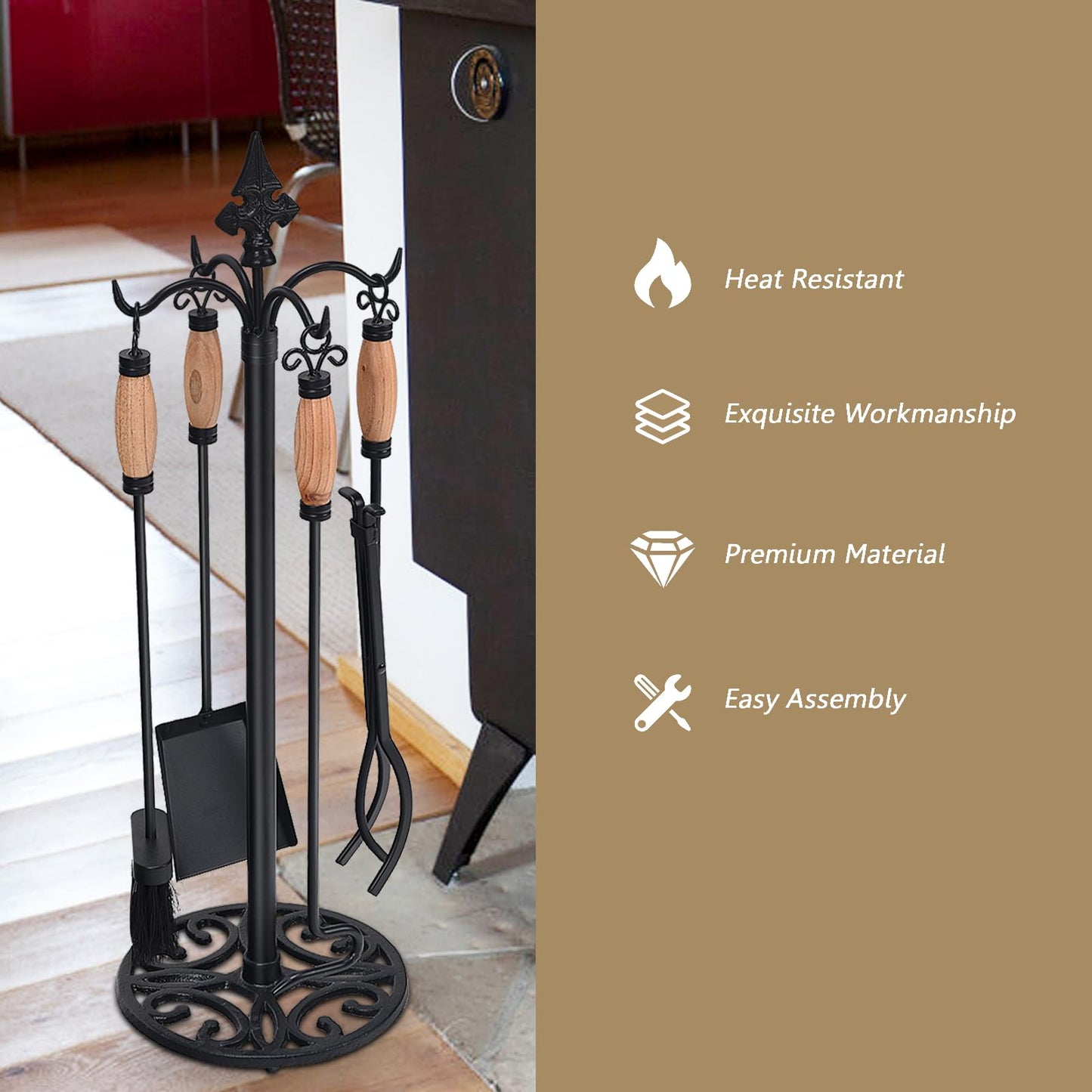 GiantexUK 5-Piece Fireplace Companion Set, Wrought Iron Fire Place Tools Set with Stand, Tong, Shovel, Brush & Poker (Natural + Black, 4 Hooks, Round Base)