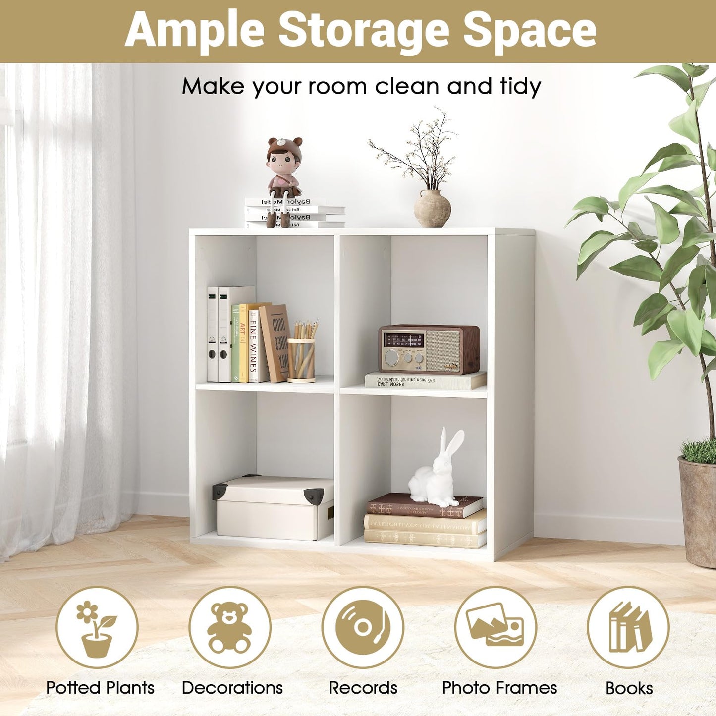 4 Cube Bookcase, Wooden Bookshelf Open Display Shelving Unit with Anti-Tipping Device (White, 70 x 33 x 70cm)