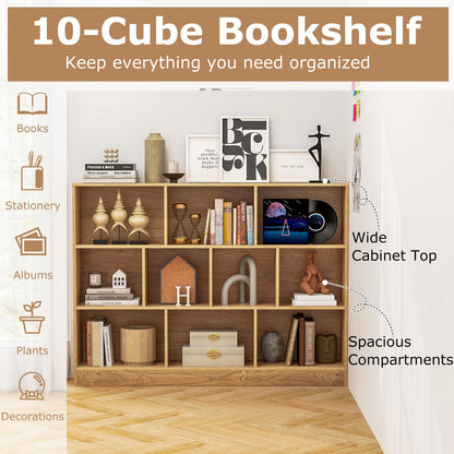 Wooden Cube Bookcase, 3 Tier Open Storage Shelving Unit with 10 Compartments, 140 x 24 x 104cm