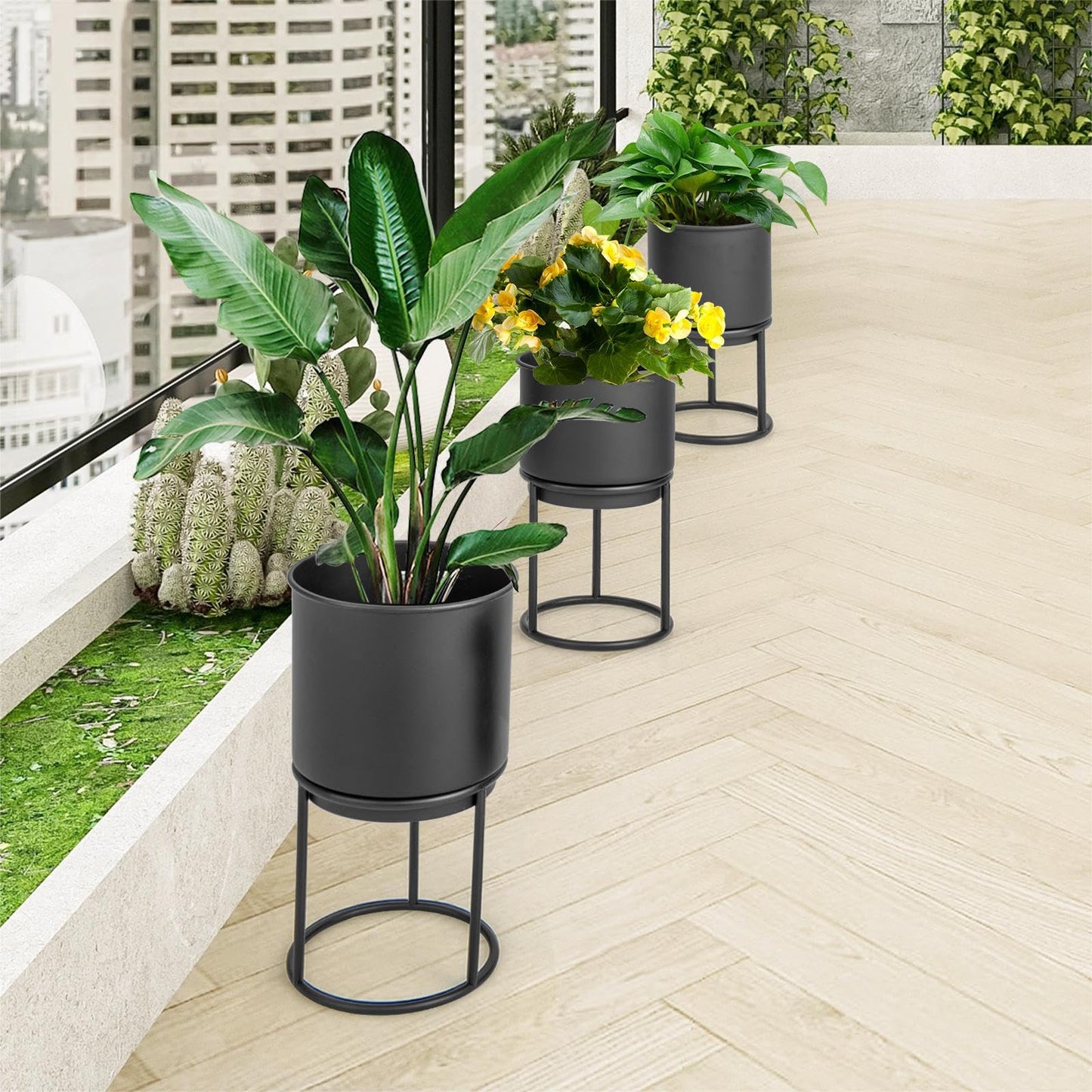 GiantexUK Set of 3 Plant Pot Stands, 2-Tier Metal Planter Pot with Stand & Drainage Hole