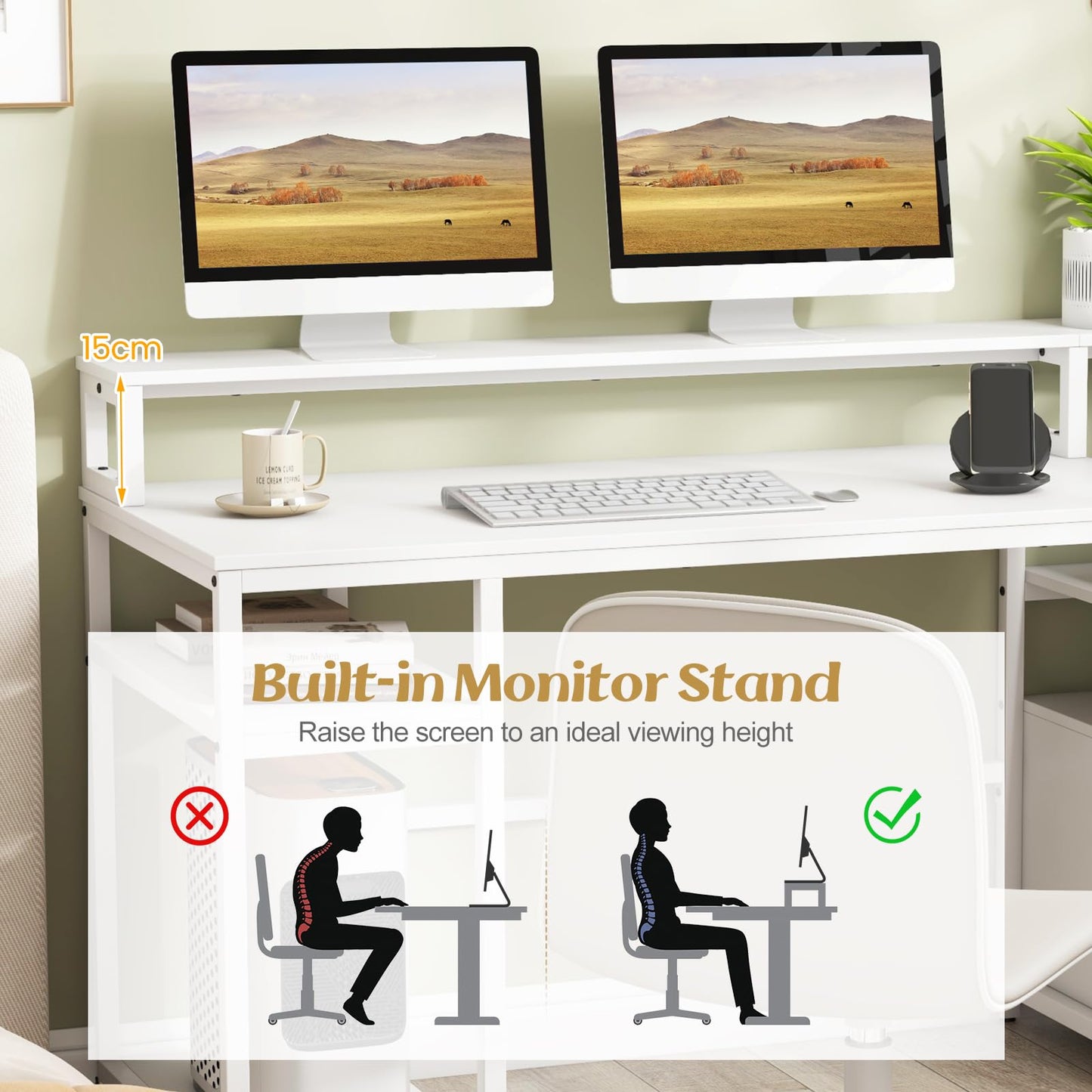 168CM Home Office Computer Desk, Wooden Study Table Writing Workstation with Monitor Stand