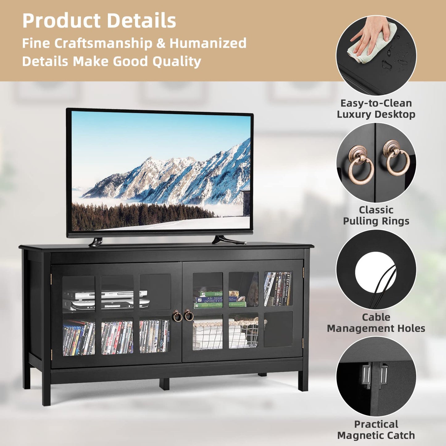 TV Stand for TVs up to 50'', Modern TV Cabinet Media Entertainment Center with Tempered Glass Doors