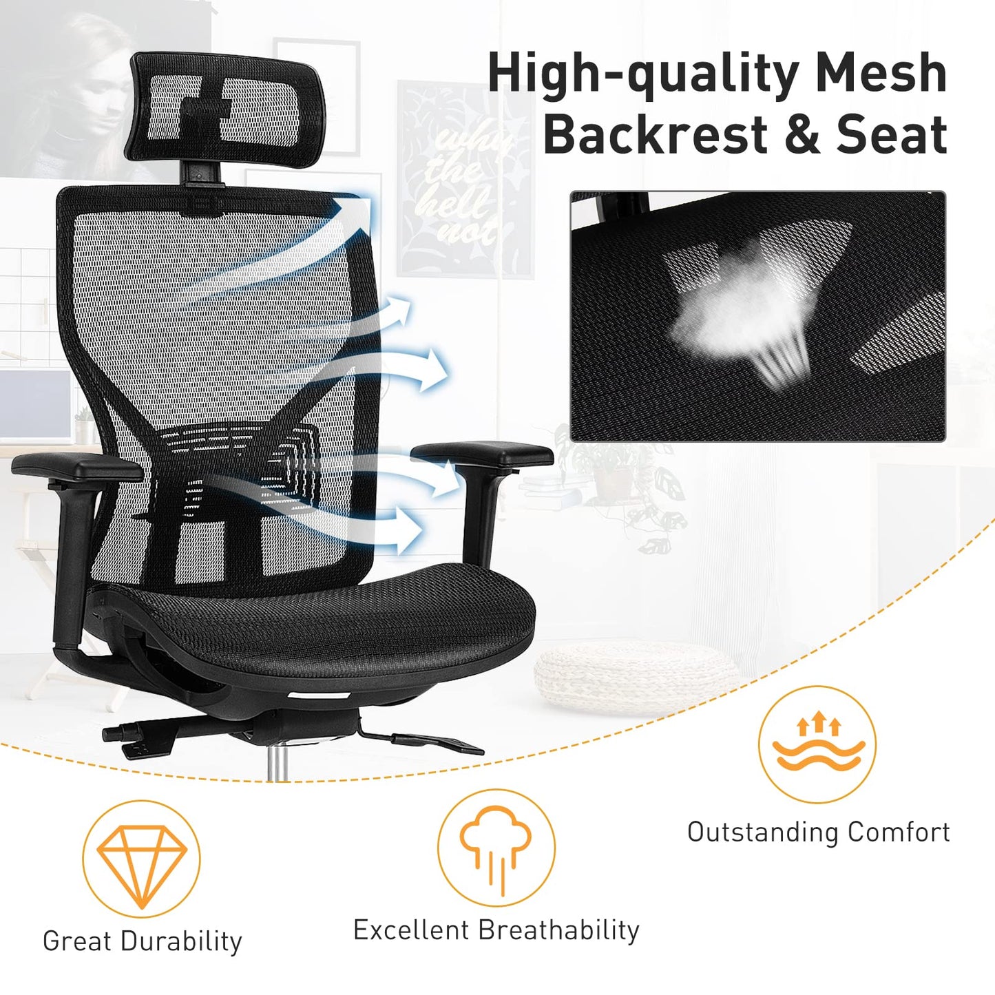 Mesh Office Chair, Ergonomic High Back Swivel Computer Desk Chair with Adjustable Lumbar Support