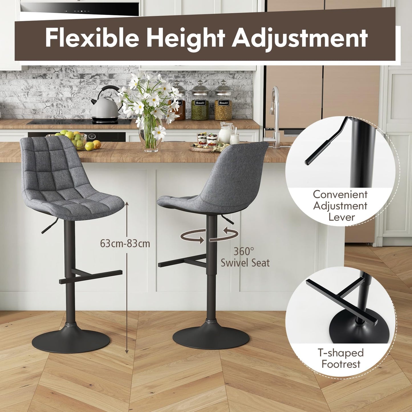 Modern Bar Stools Set of 2, Adjustable Height Counter Dining Chair with Swivel Gas Lift