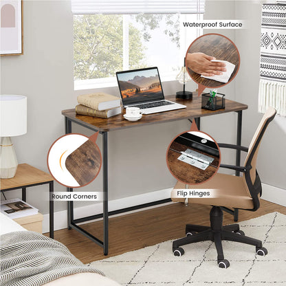 Folding Computer Desk, Simple PC Laptop Table Writing Workstation (Rustic Brown+Black, 100 x 50 x 72cm)