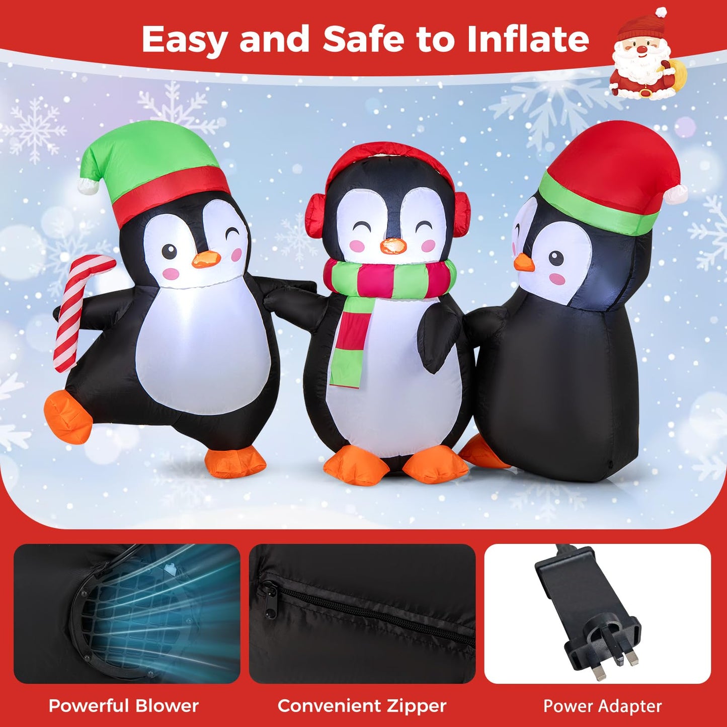 Inflatable Christmas Snowman and Penguins, Blow up Xmas Decoration with LED Lights (3 Penguins)