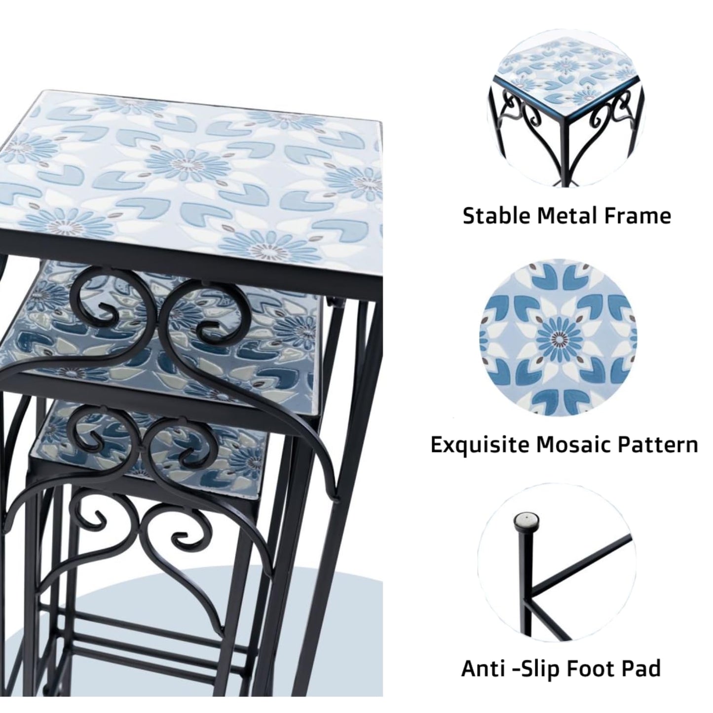 GiantexUK Set of 3 Metal Plant Stand, Freestanding Mosaic Flower Pot Holder with Scrollwork Patterns & Anti-slip Foot Pads