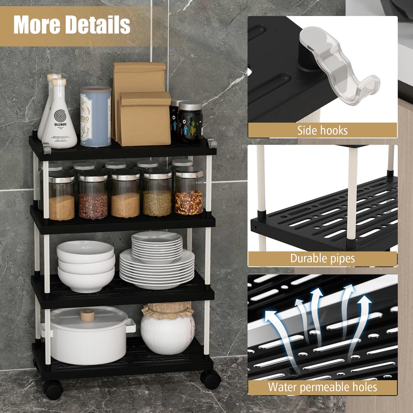 GiantexUK 4 Tier Service Cart, Slide-Out Kitchen Storage Trolley with Wheels and Hooks, Metal Frame Rolling Utility