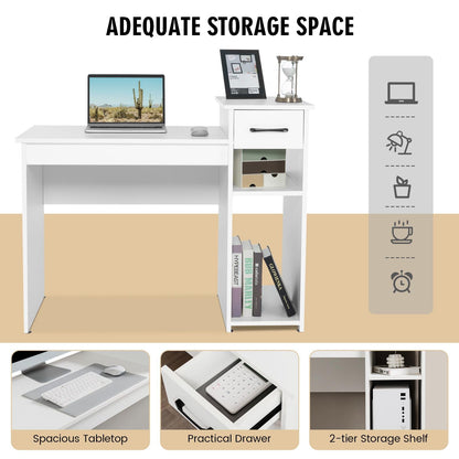 Computer Desk, Modern Writing Desk Compact Study Desk with Drawer & Storage Shelves