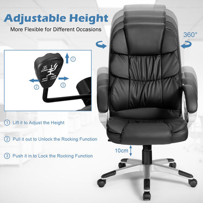 Executive Office Chair, Upholstered Height Adjustable Ergonomic Computer Desk Chair, PU Leather High Back Swivel Task Chair for Home Office