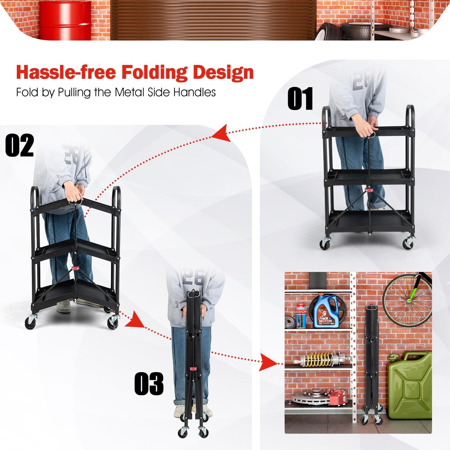 GiantexUK 3-Tier Folding Tool Trolley, Metal Frame Service Cart with Wheels