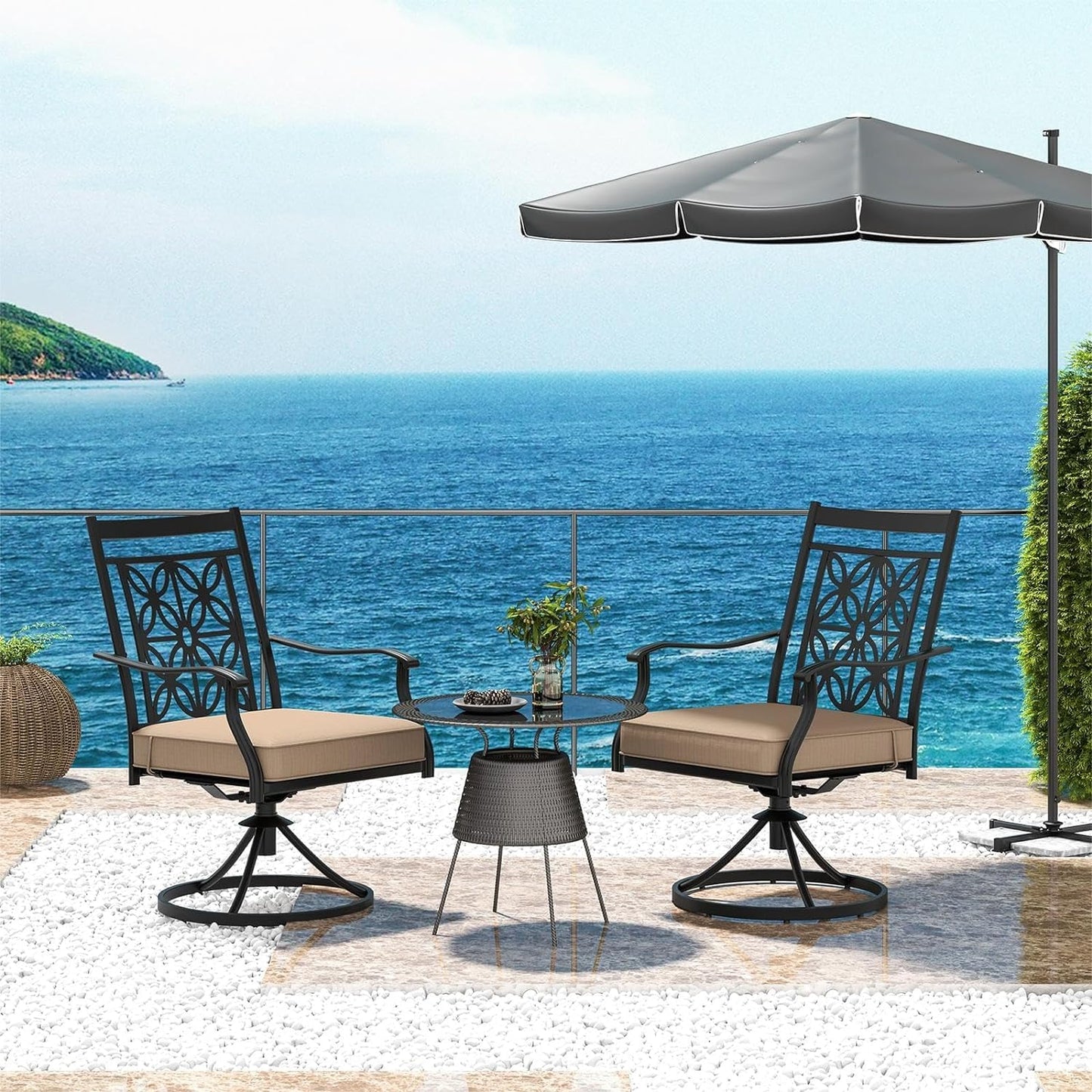 GiantexUK Set of 2 Swivel Garden Chairs, Patio Bistro Bar Stools with Cushion, Backrest & Armrest