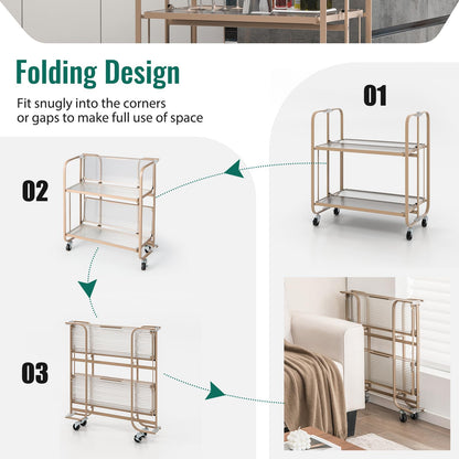 GiantexUK 2-Tier Folding Kitchen Trolley, Metal Frame Rolling Utility Cart with Lockable Wheels