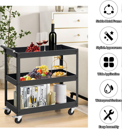 GiantexUK 3-Tier Tool Trolley, Rolling Storage Cart with Universal Casters & Handle