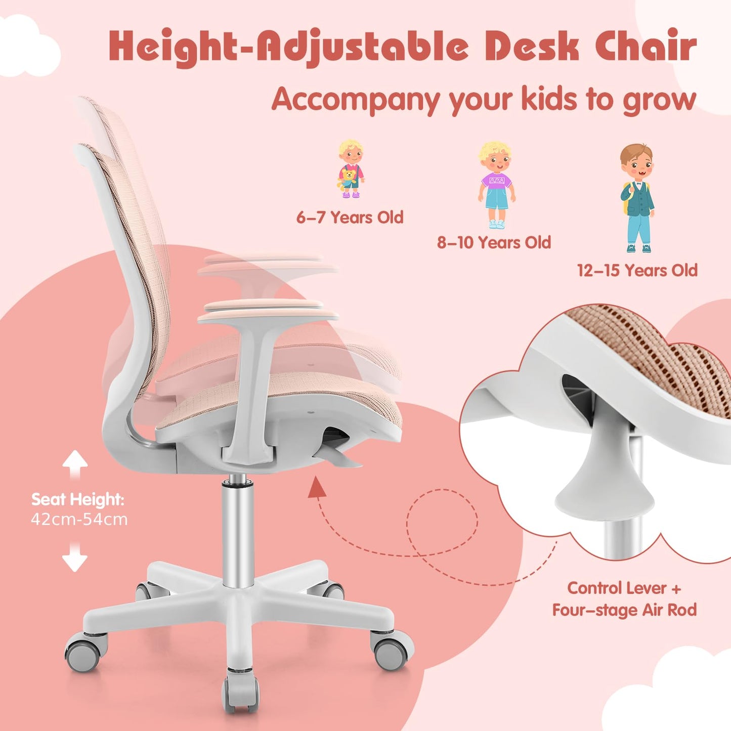 Kids Ergonomic Desk Chair, Height Adjustable Children Armrest Computer Chairs with Sit-Lock Casters