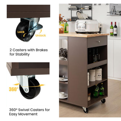 GiantexUK Kitchen Island Cart on Wheels, Mobile Storage Cabinet Cart with Rubber Wood Countertop, Drawer, Spice Racks & Towel Rack