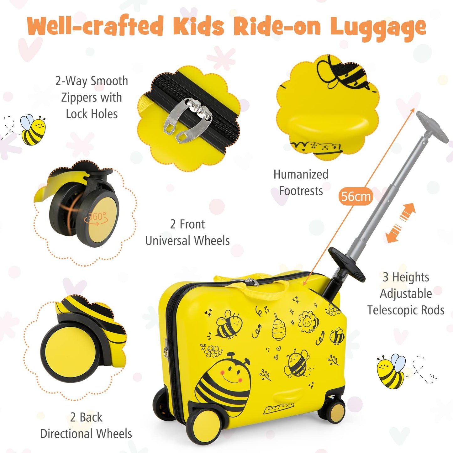 2 PCS Kids Luggage Set, 4L Backpack + 17L Ride-on & Carry-on Hardshell Suitcase with Wheels