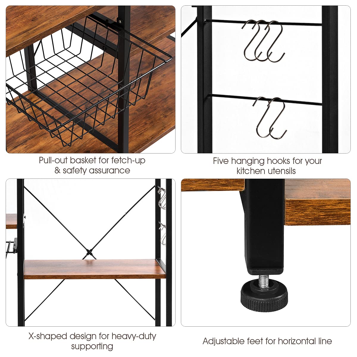 GiantexUK Kitchen Baker’s Rack, Freestanding Microwave Oven Storage Unit with 5 Hooks and Wire Basket