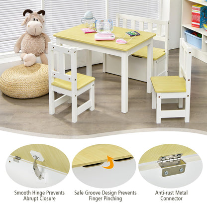 Kids Table & Chair Set, 4-Piece Children Furniture with Toy Storage Bench