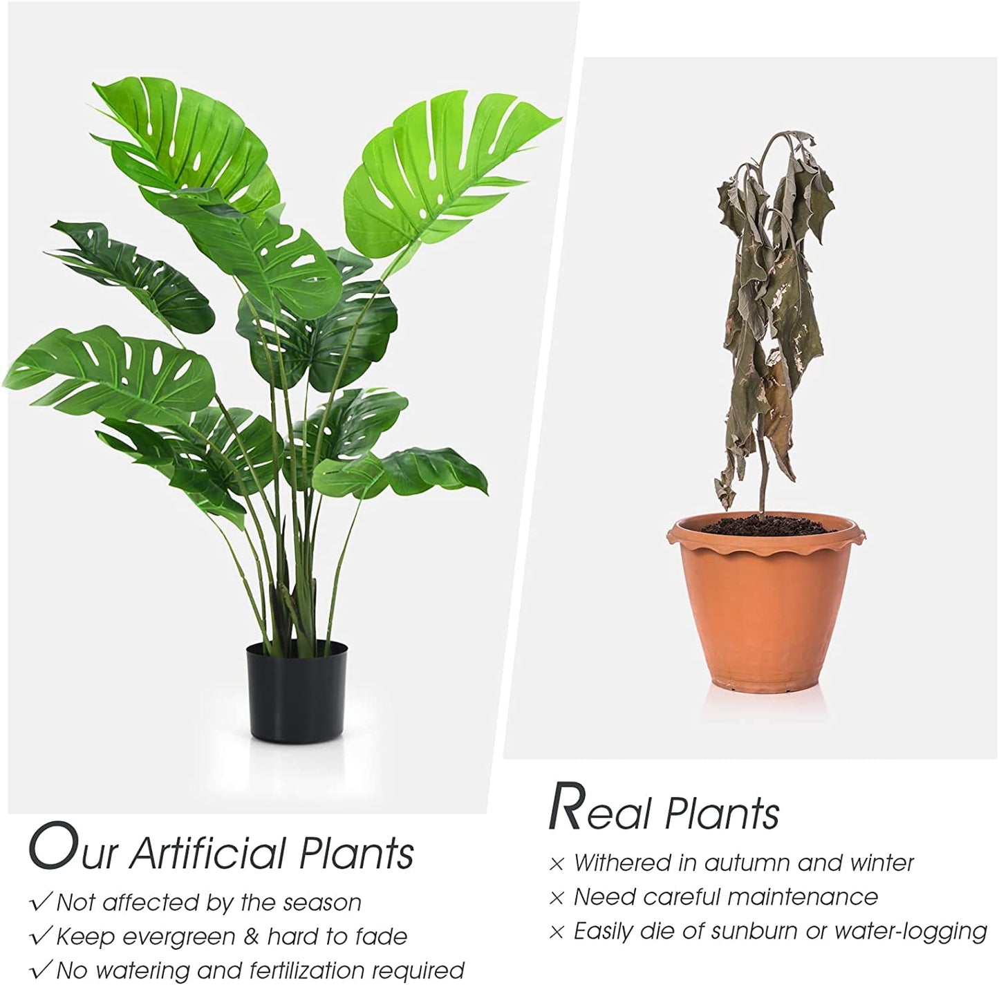 GiantexUK 1/2PCS Artificial Monstera Plants, Fake Decorative Trees with Cement Pot and 10 PEVA Leaves