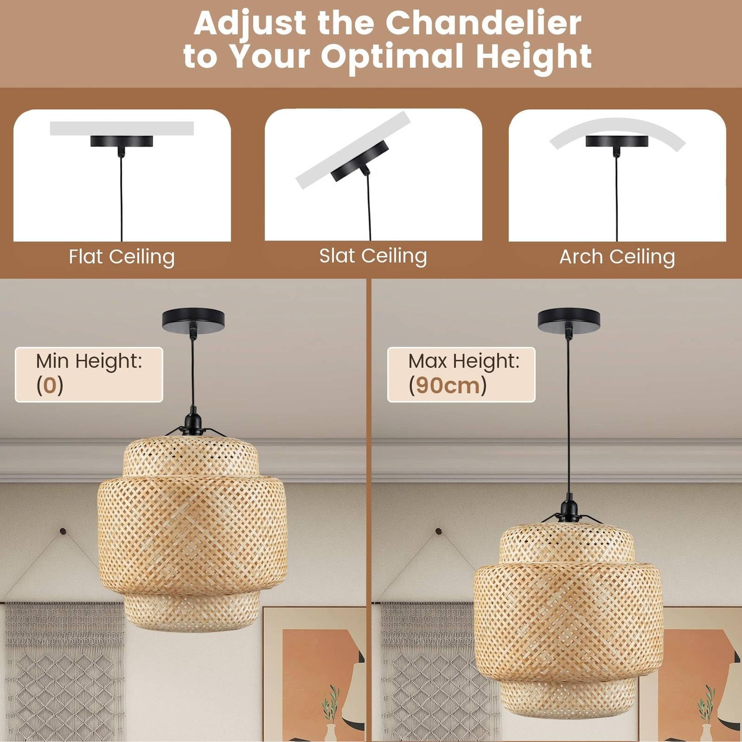 GiantexUK Bamboo Pendant Light, Height Adjustable Ceiling Fitting Light Fixtures with E27 Bulbs Holder & Handwoven Lampshade