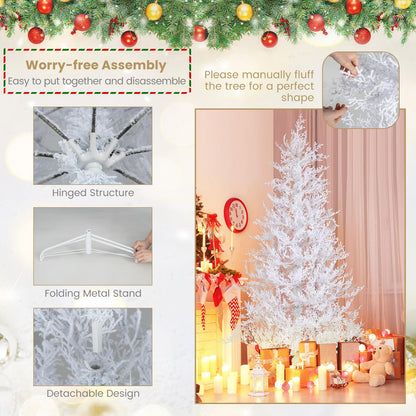 6FT Pre-lit Christmas Tree, Hinged Artificial Xmas Tree with 383 Snow Flocked Branch Tips