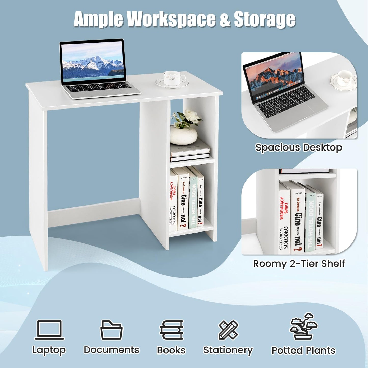 Compact Computer Desk, 80 x 40cm Small Writing Desk with Storage Shelves, Space-saving Home Office