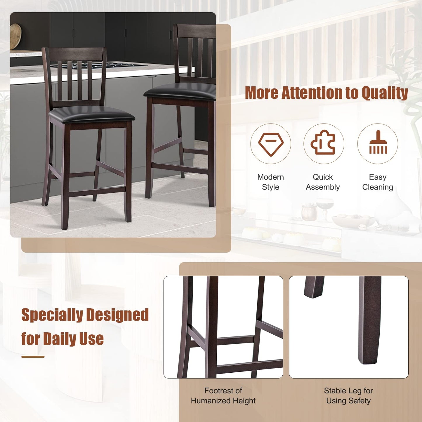 Bar Stool Set of 2, Upholstered Seat Counter Height Chairs with PU Cover, Backrest & Footrest