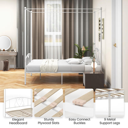 Canopy Bed Frame, Double Size Metal Bed Base with Headboard & Footboard