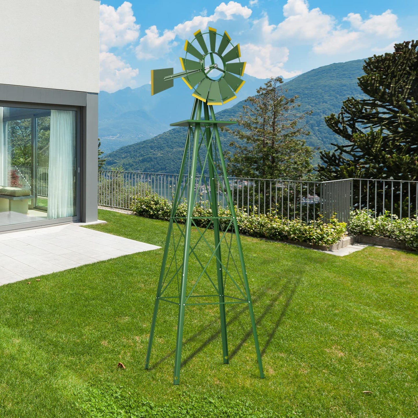 GiantexUK Garden Metal Windmill, 8FT Ornamental Wind Mill, Garden Decoration Weather Vane for Farm, Backyard and Patio (Green, Less X-braces)