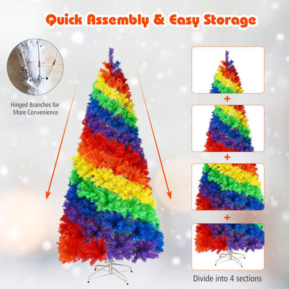 GiantexUK 7FT Rainbow Christmas Tree, Colorful Hinged Artificial Xmas Tree with 1213 Branch Tips & Metal Stand