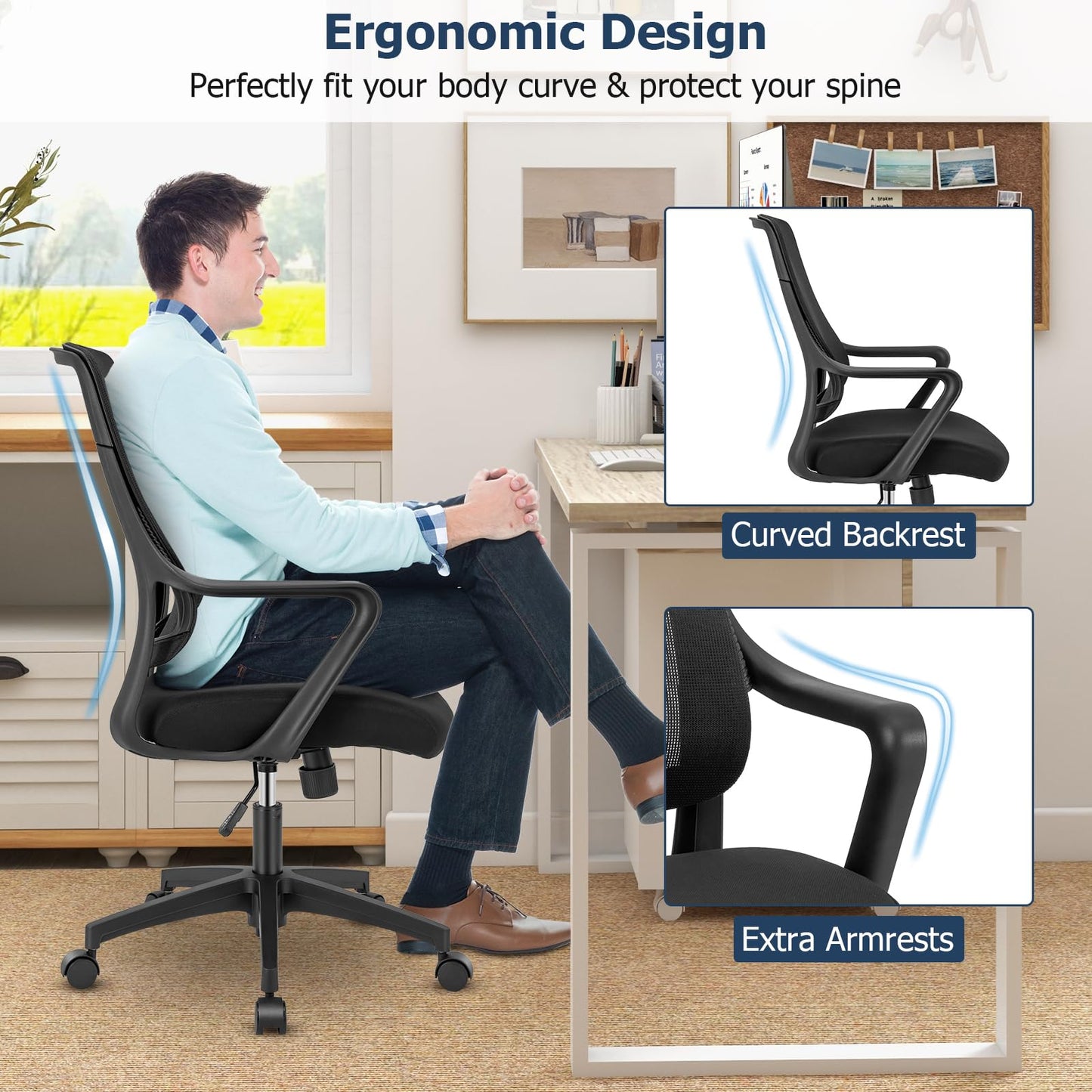 Mesh Office Chair, Height Adjustable Swivel Computer Desk Chair with Armrests