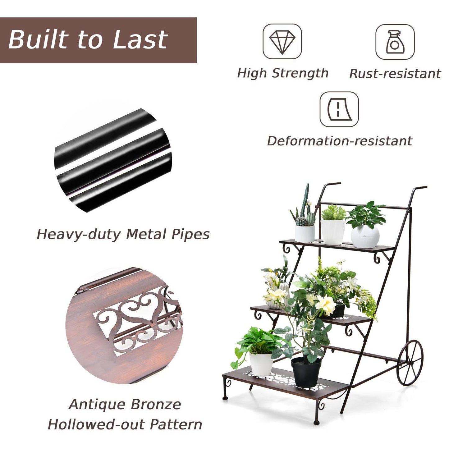 GiantexUK 3-Tier Metal Plant Stand, Ladder Flower Pots Holder with 2 Wheels and Convenient Handles