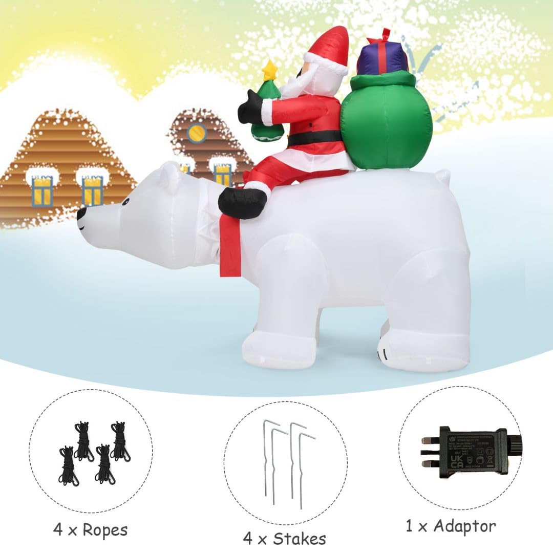 Blow Up Christmas Decoration with LED Lights, Stakes & Ropes, Special Xmas Holiday Prop for Yard Garden Lawn (White Bear)