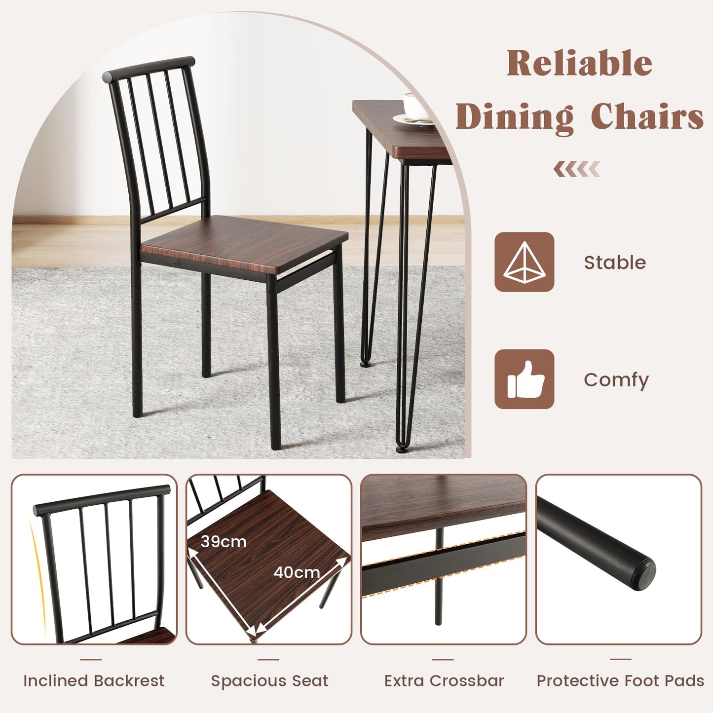 Dining Table and Chairs Set 4, 5 Piece Rectangular Kitchen Table and 4 Chairs with Curved Back & Foot Pads