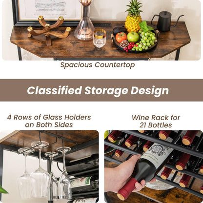 GiantexUK Wine Bar Cabinet, 3-Tier Kitchen Bar Table with 21 Bottles Wine Rack, Glass Holder, Charging Station & Adjustable Foot Pads