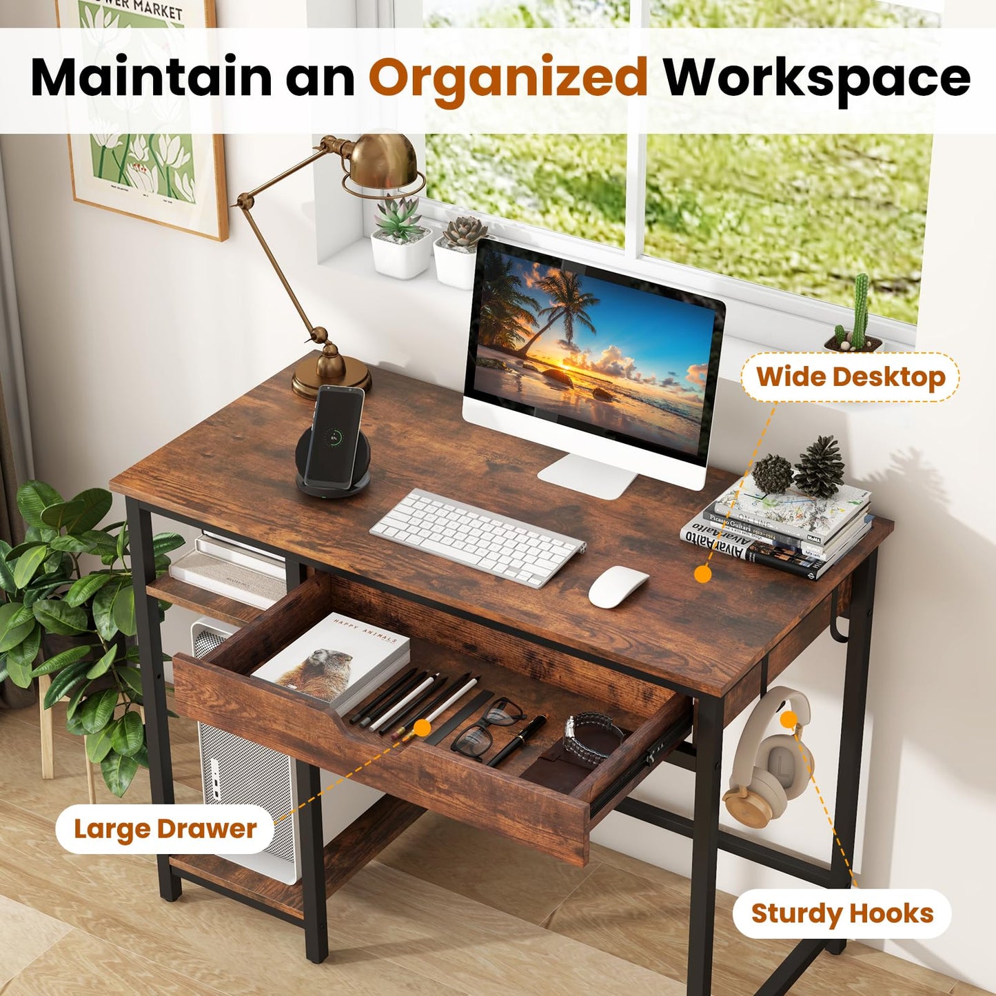 Computer Desk, 100CM Industrial Home Office PC Laptop Table Working Desk with Drawer