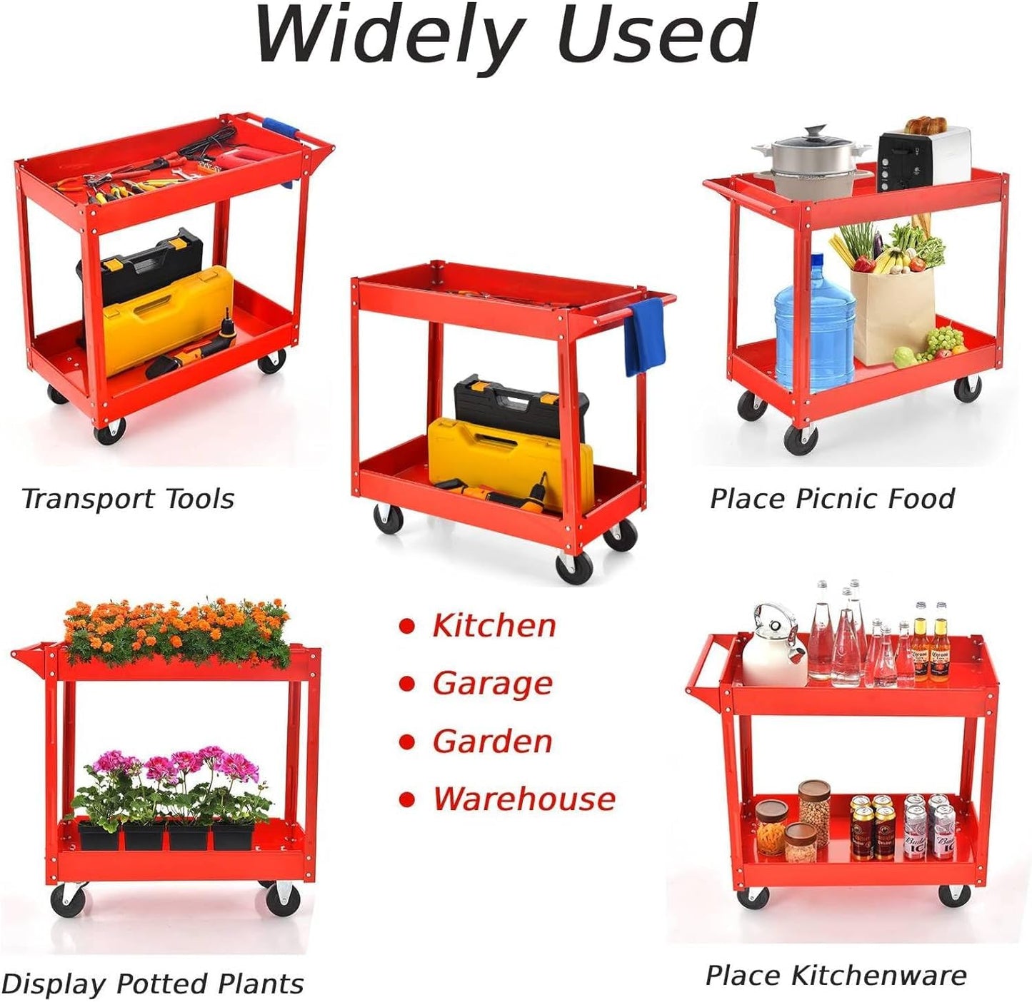 GiantexUK Tool Trolley on Wheels, 2-Tier Rolling Storage Service Cart with Handle