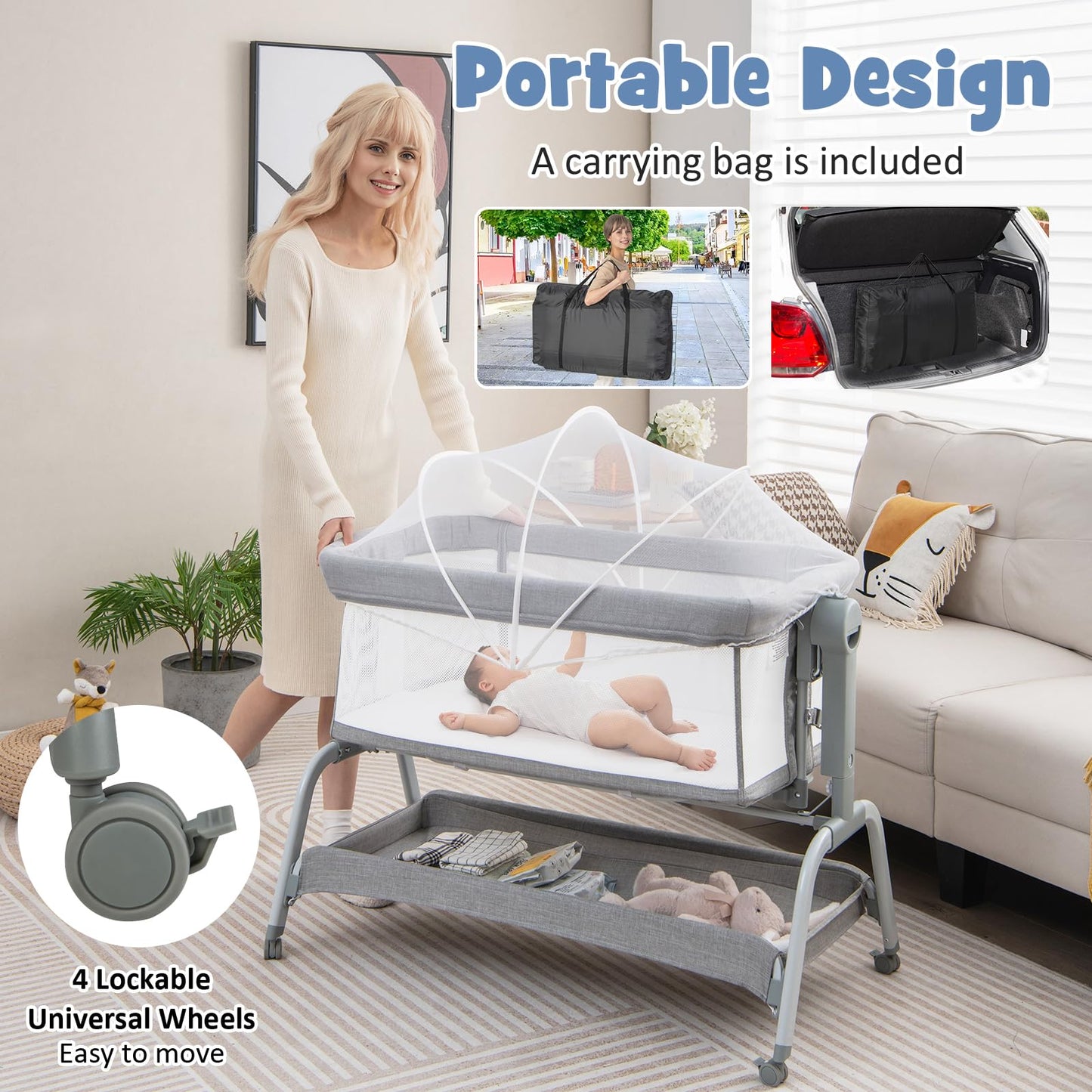 4-in-1 Baby Bedside Crib, Heights Adjustable Rocking Bassinet with Mattress, Detachable Net