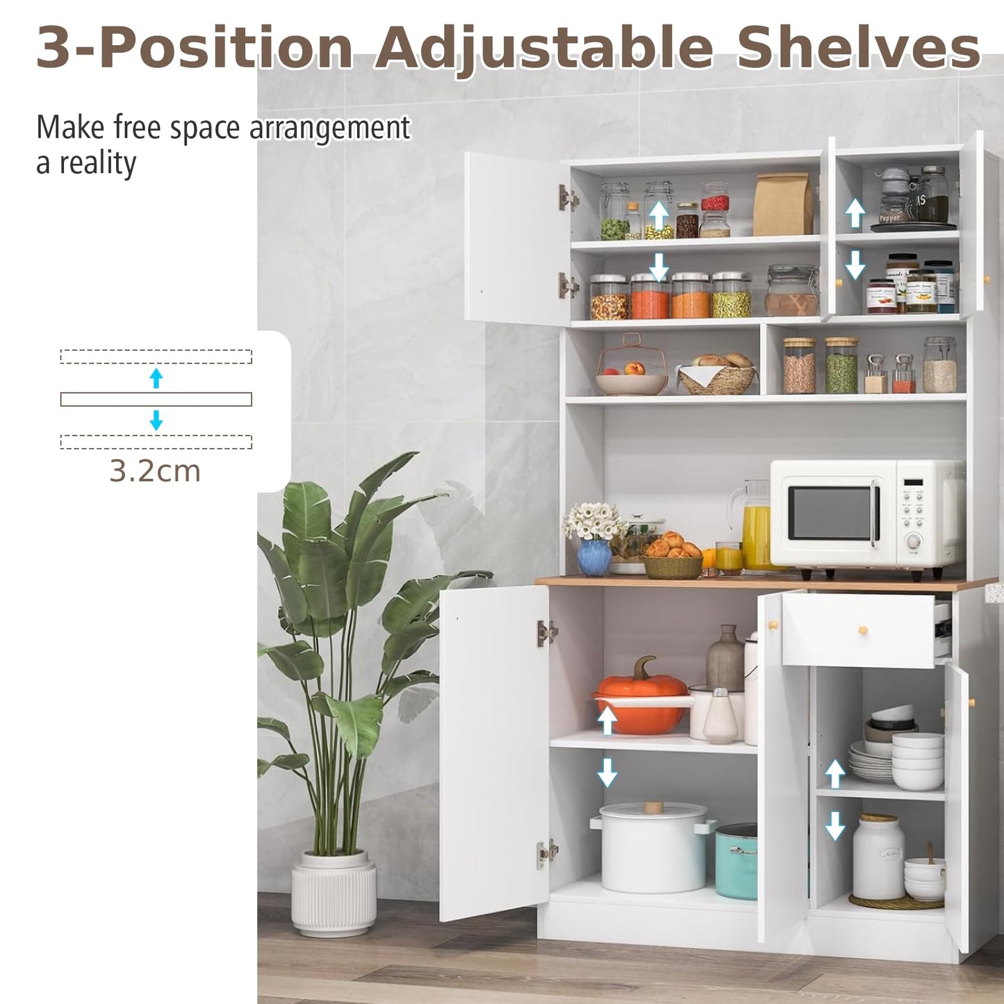 GiantexUK 180CM Kitchen Cupboard, Wooden Storage Cabinet with Outlets, 2 USB Ports, Adjustable Shelves