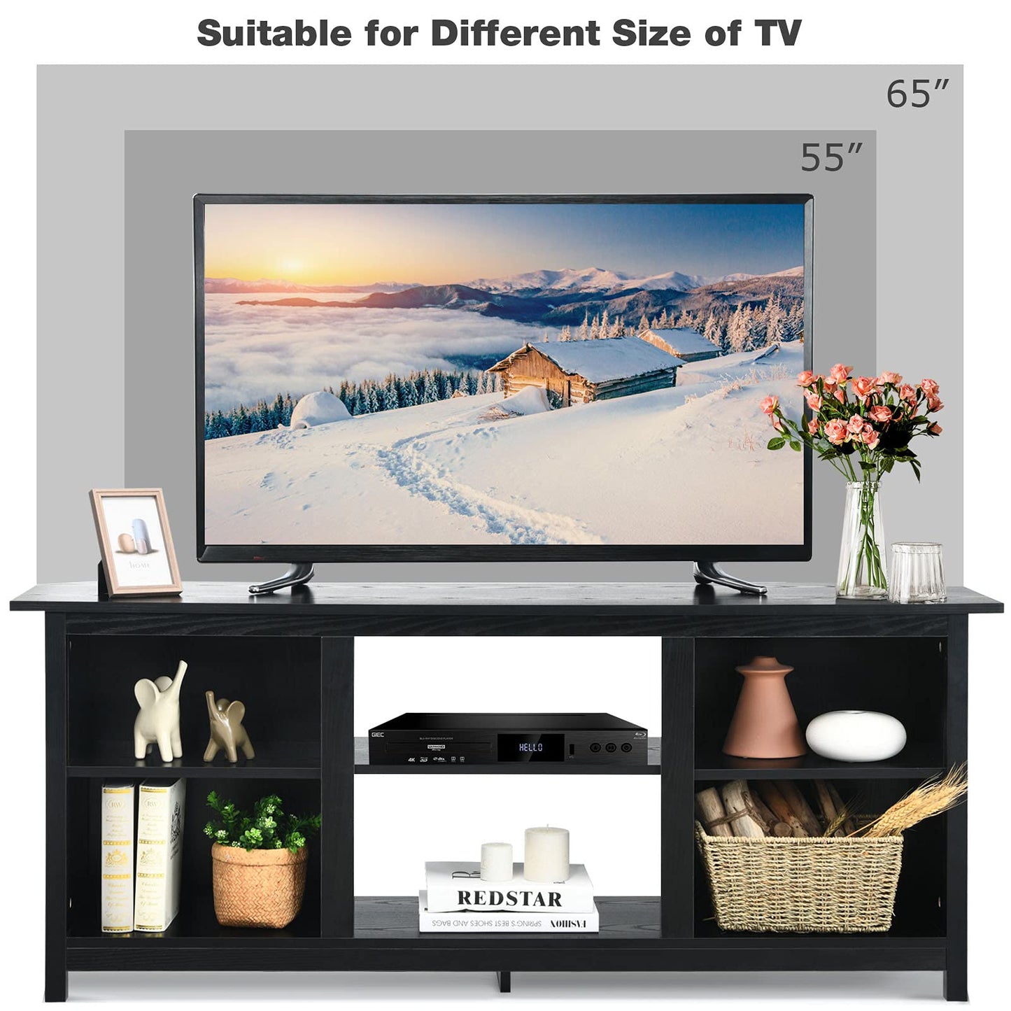 TV Stand for TVs up to 65 Inches, Wooden TV Cabinet Media Entertainment Center with 6 Open Storage Shelves