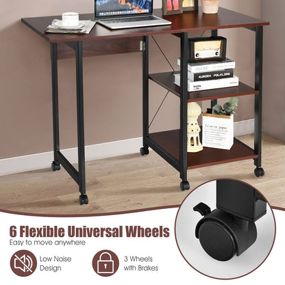 Folding Computer Desk, 2-In-1 Mobile PC Laptop Table with Rolling Wheels (Brown, 108 x 54 x 77cm)