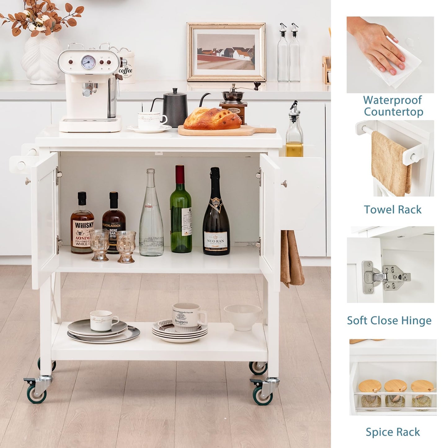 GiantexUK Kitchen Island on Wheels, Wooden Storage Trolley with Door Cabinet, Open Shelf