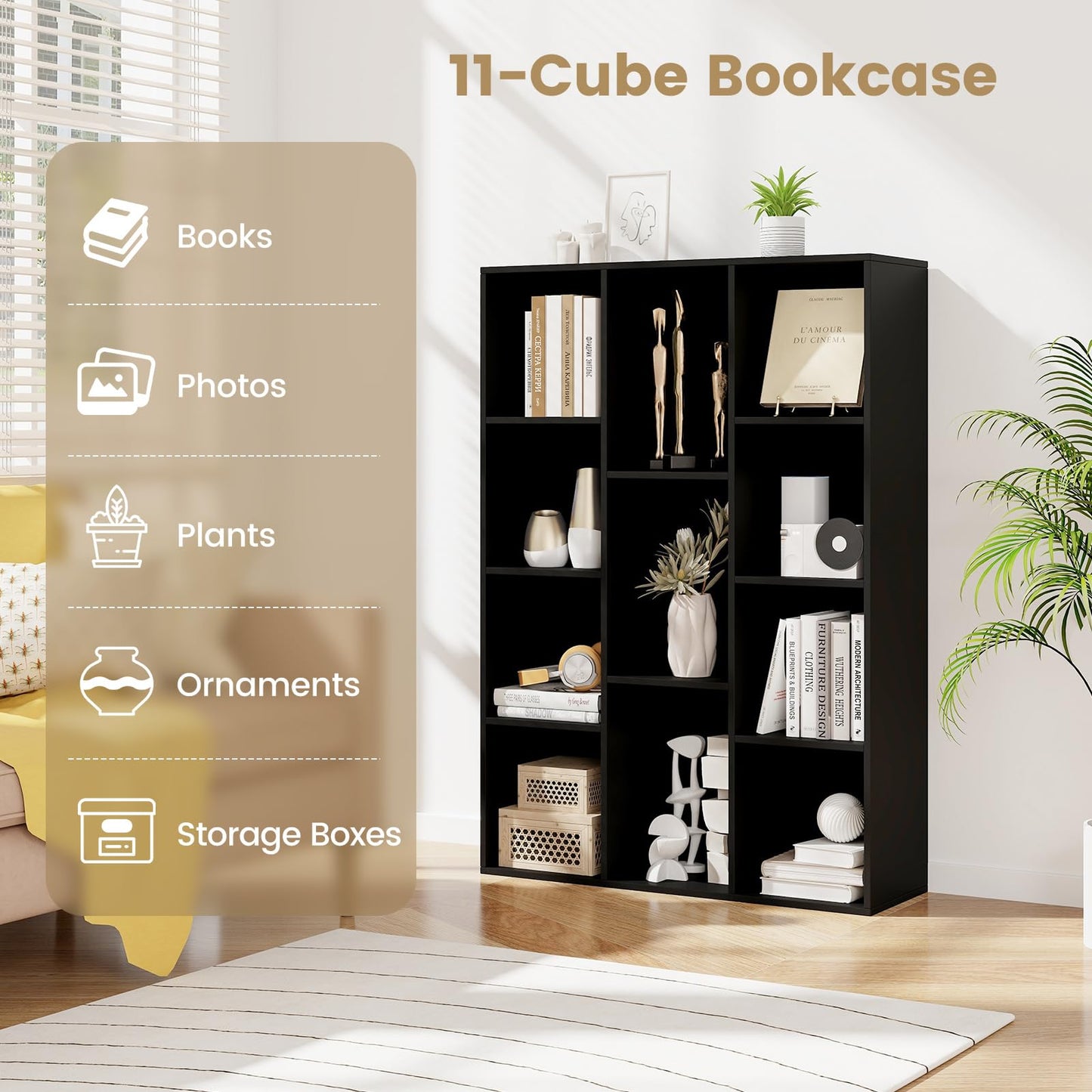 11-Cube Bookcase, Wooden Book Storage Organizer Display Cabinet with Anti-tipping Kits