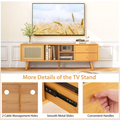 TV Stand for TVs up to 55"/65", Bamboo TV Cabinet Media Entertainment Center with Sliding Rattan & Glass Doors (140cm for 65" TVs)