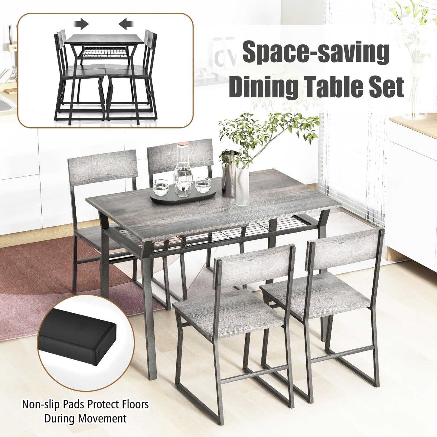 GiantexUK 5 PCS Dining Table Set, Industrial Table and Chairs Set with Storage Shelf and Reclining Seat Back