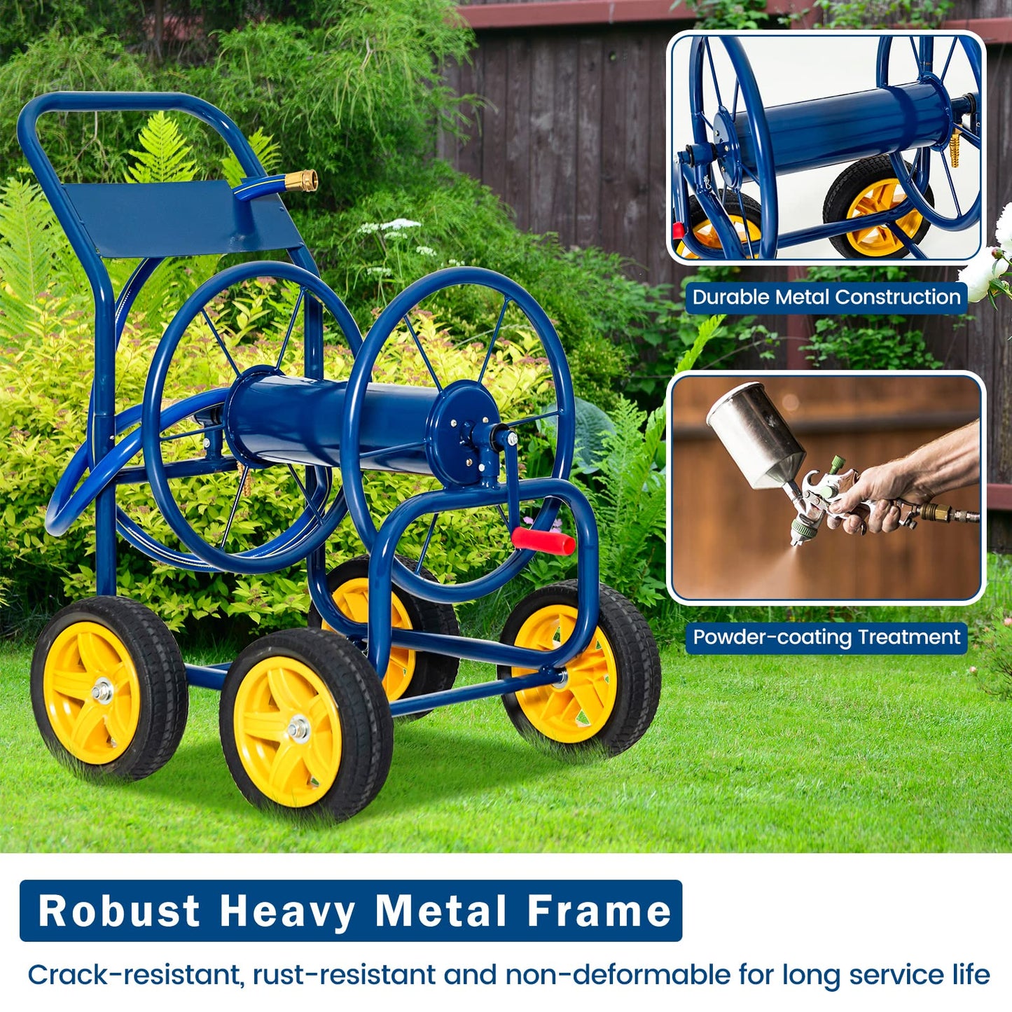 GiantexUK Garden Hose Trolley, Metal Hose Pipe Reel Cart with Wheels & Crank Handle